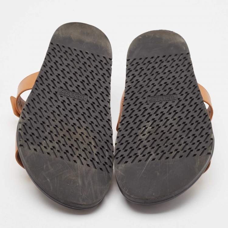 Pre Owned Hermes Brown Leather Chypre Flat Slides Size 41
