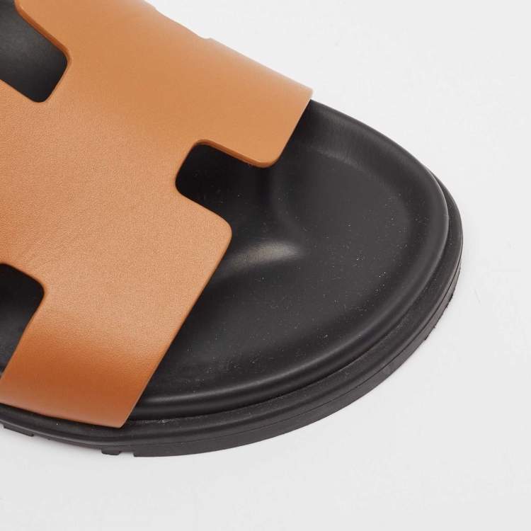 Pre Owned Hermes Brown Leather Chypre Flat Slides Size 41