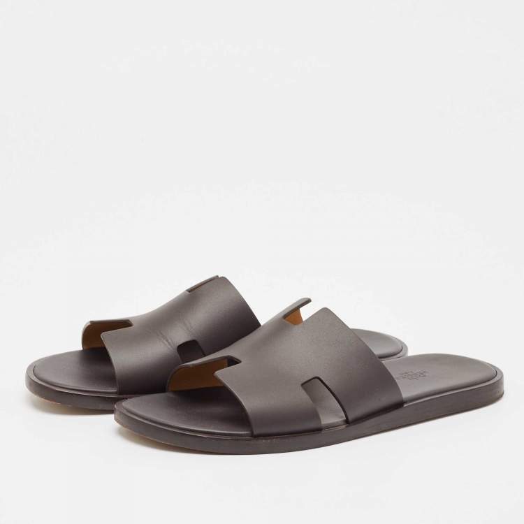 Pre Owned Hermes Dark Brown Leather Izmir Flat Slides Size 42