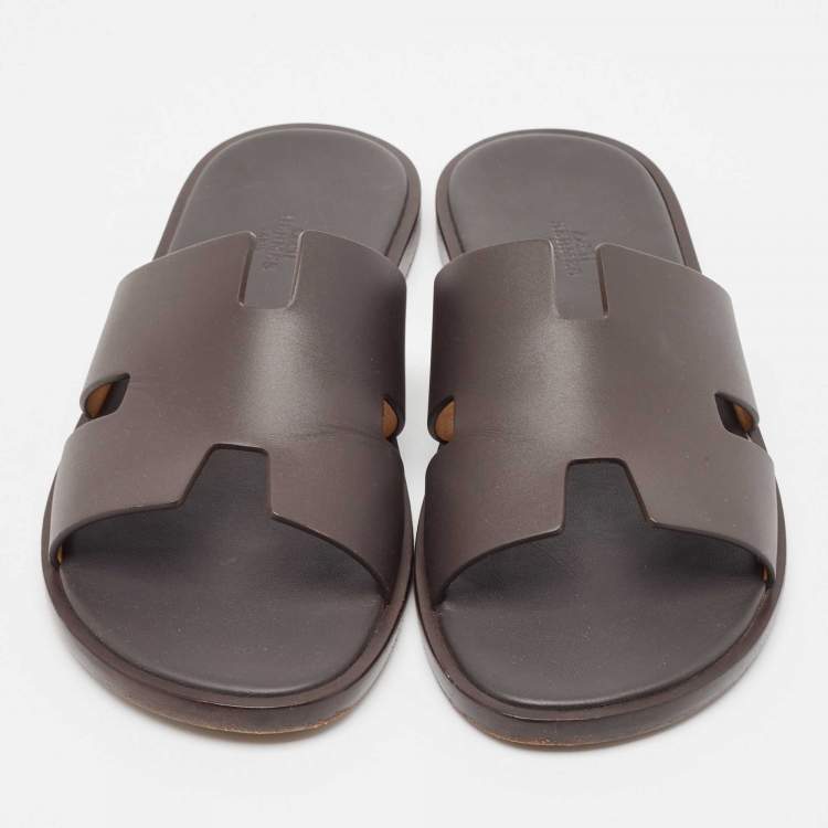 Pre Owned Hermes Dark Brown Leather Izmir Flat Slides Size 42