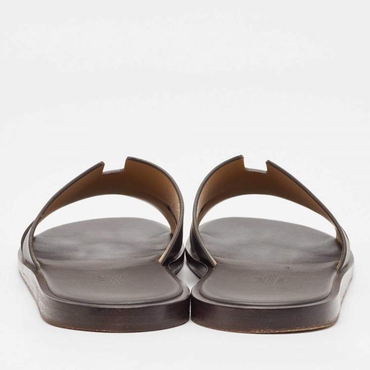 Pre Owned Hermes Dark Brown Leather Izmir Flat Slides Size 42