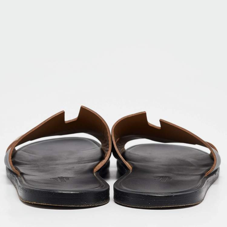 Pre Owned Hermes Black/Brown Leather Izmir Flat Slides Size 40.5