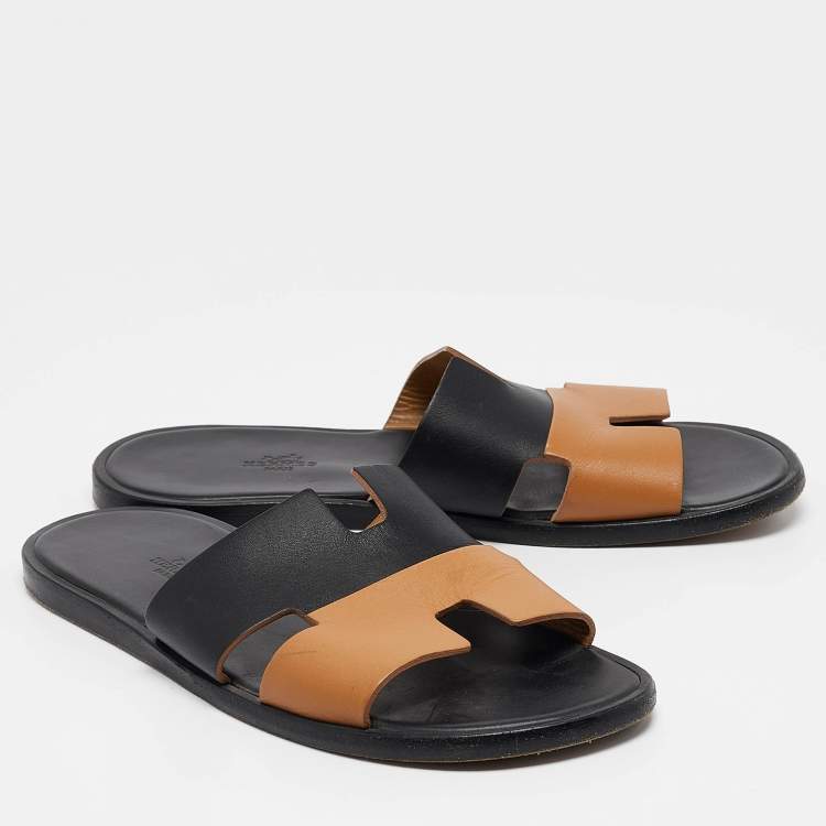 Pre Owned Hermes Black/Brown Leather Izmir Flat Slides Size 40.5