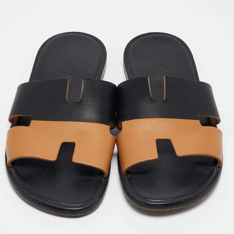 Pre Owned Hermes Black/Brown Leather Izmir Flat Slides Size 40.5