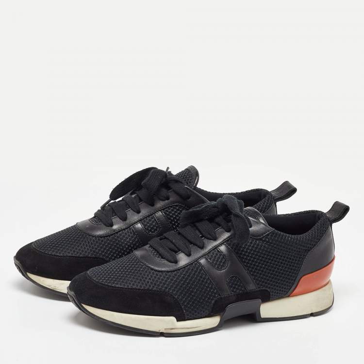 Pre Owned Hermes Black Leather and Mesh Low Top Sneakers Size 40