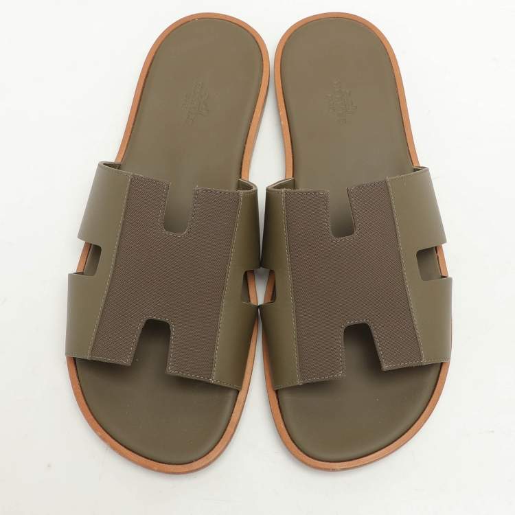 Pre Owned Hermes Green Leather and Canvas Izmir Sandals Size 43