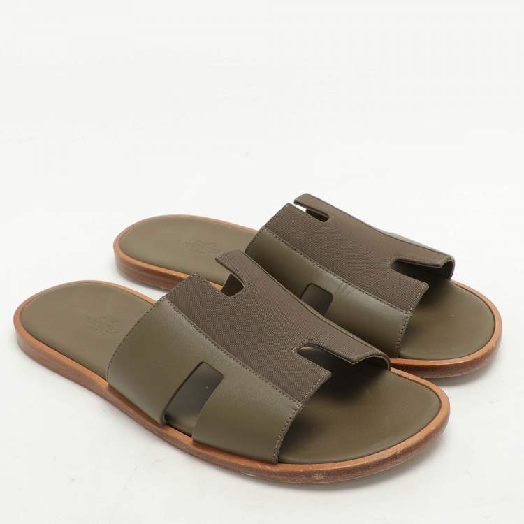 Pre Owned Hermes Green Leather and Canvas Izmir Sandals Size 43
