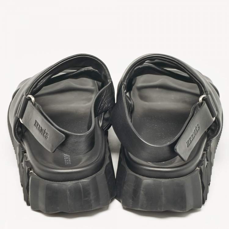 Pre Owned Hermes Black Leather Electric Flat Sandals Size 45