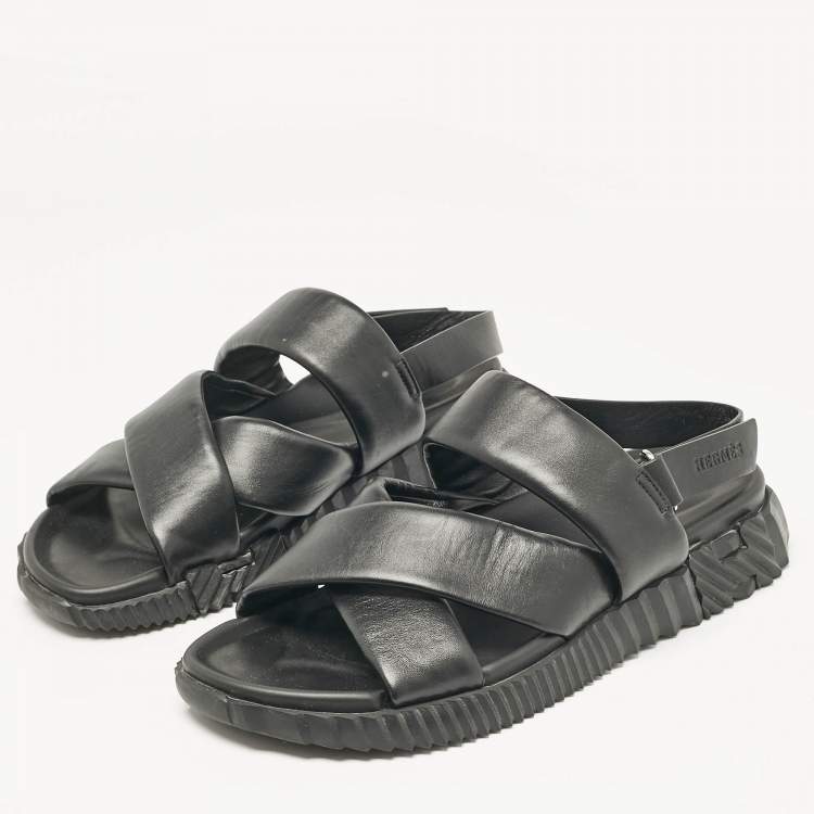 Pre Owned Hermes Black Leather Electric Flat Sandals Size 45