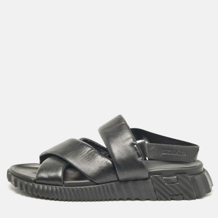 Pre Owned Hermes Black Leather Electric Flat Sandals Size 45