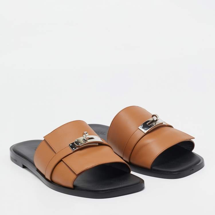 Pre Owned Hermes Brown Leather Gabriel Sandals Size 45