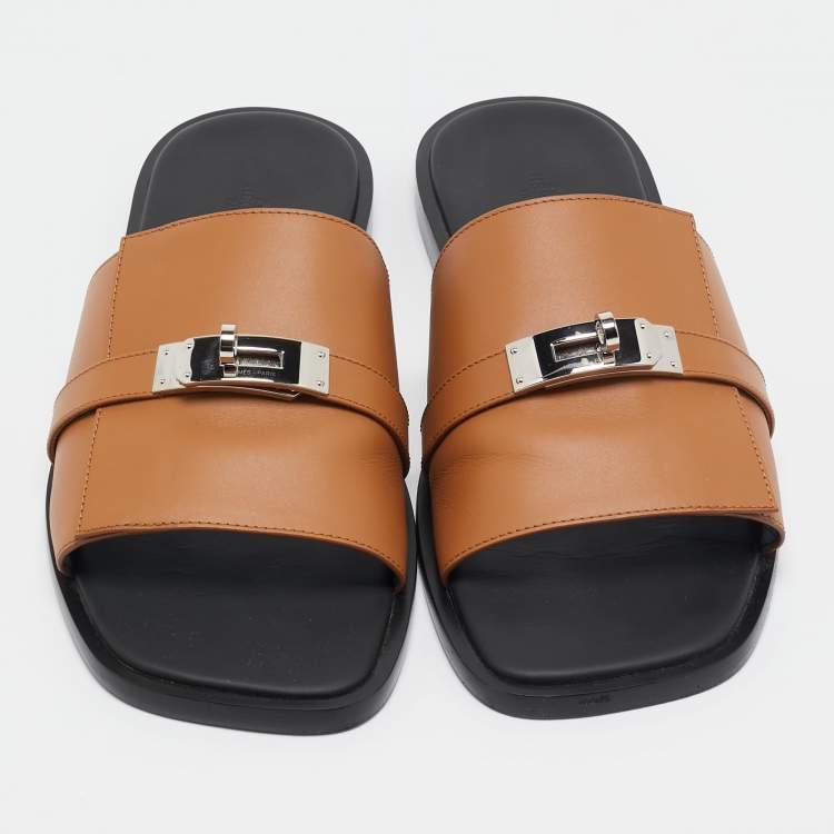 Pre Owned Hermes Brown Leather Gabriel Sandals Size 45