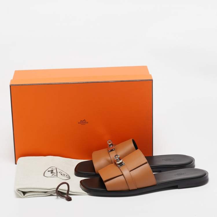 Pre Owned Hermes Brown Leather Gabriel Sandals Size 45