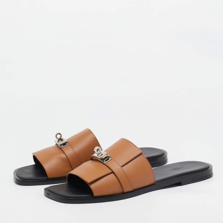 Pre Owned Hermes Brown Leather Gabriel Sandals Size 45