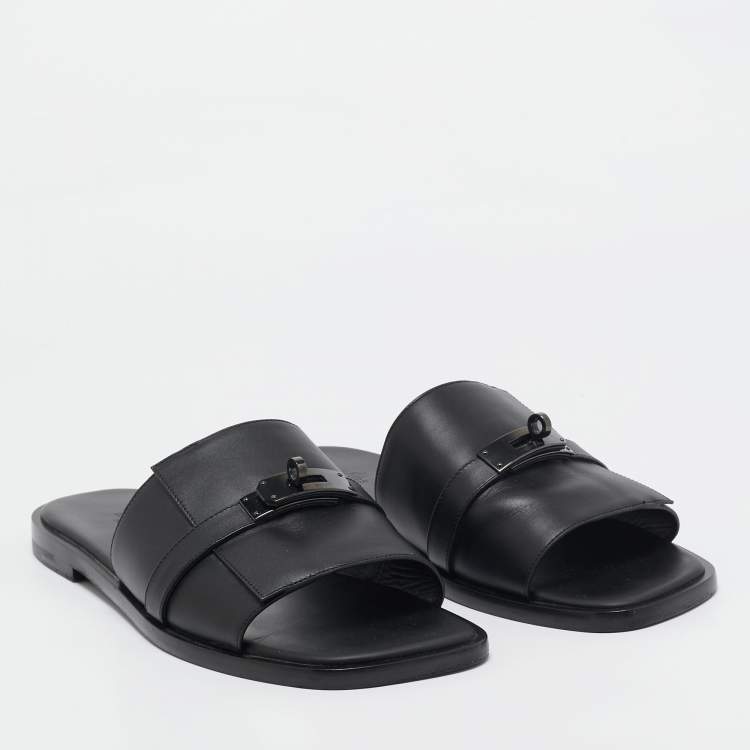 Pre Owned Hermes Black Leather Gabriel Sandals Size 45