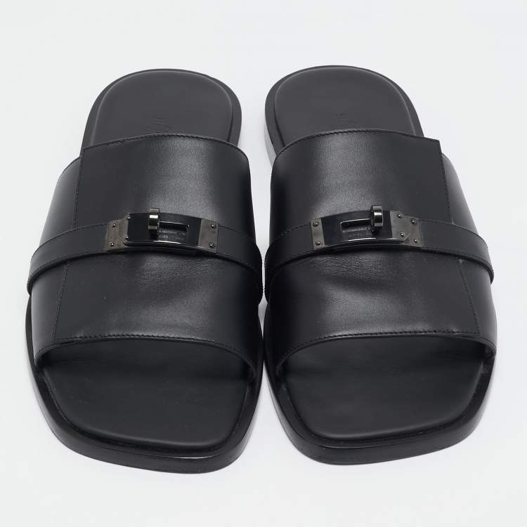 Pre Owned Hermes Black Leather Gabriel Sandals Size 45