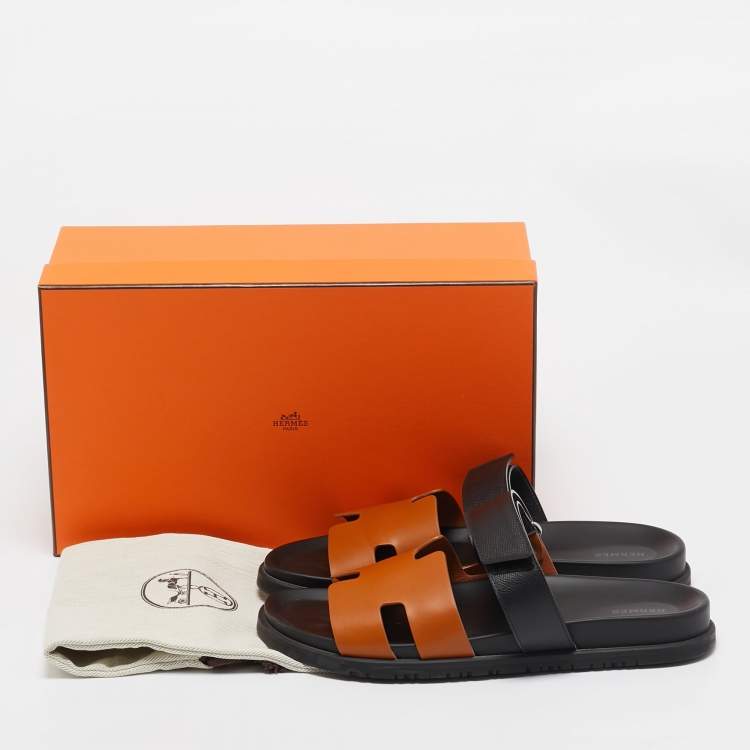 Pre Owned Hermes Brown/Black Leather Chypre Sandals Size 45