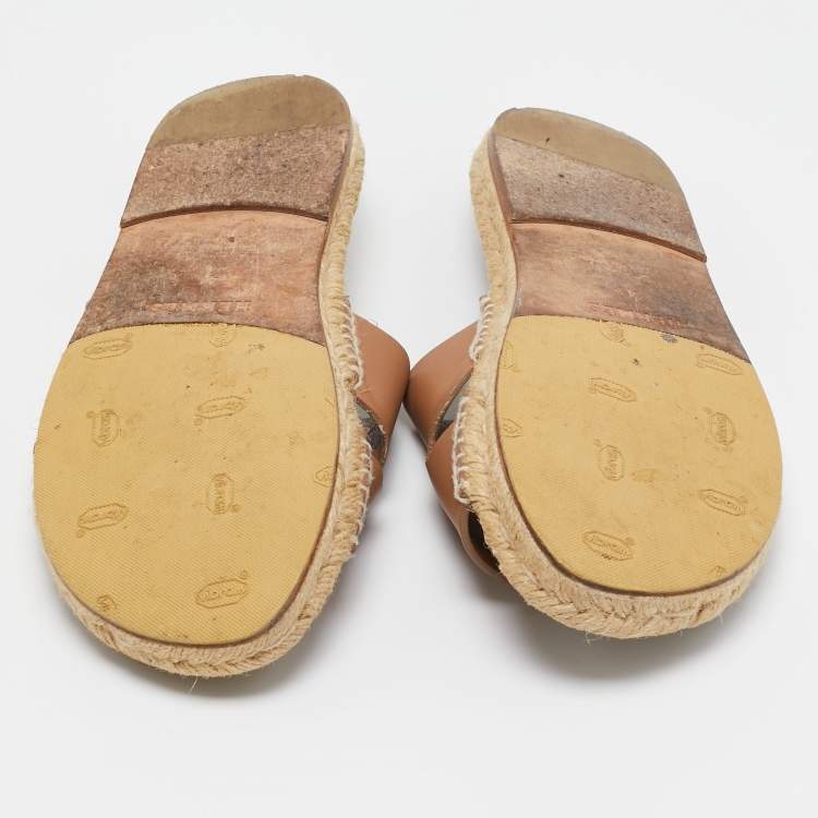Pre Owned Hermes Brown Leather Antigua Espadrille Flat Sandals Size 41