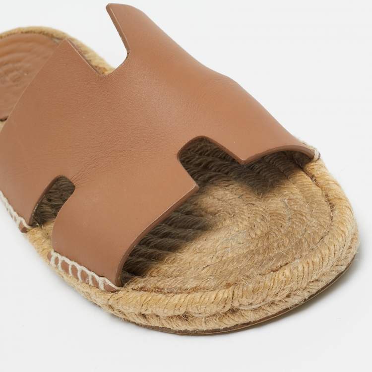 Pre Owned Hermes Brown Leather Antigua Espadrille Flat Sandals Size 41