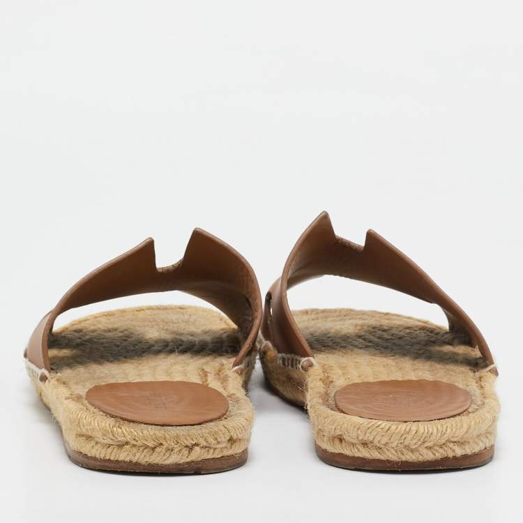 Pre Owned Hermes Brown Leather Antigua Espadrille Flat Sandals Size 41