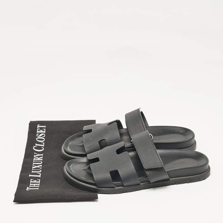 Pre Owned Hermes Black Leather Chypre Flat Sandals Size 41
