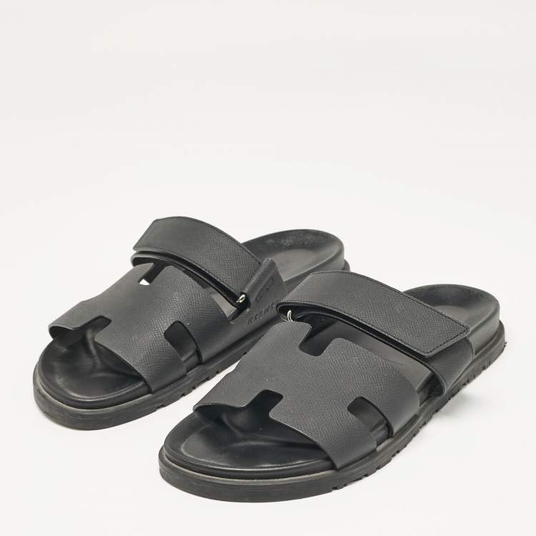 Pre Owned Hermes Black Leather Chypre Flat Sandals Size 41