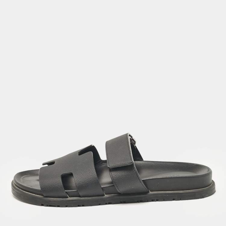Pre Owned Hermes Black Leather Chypre Flat Sandals Size 41