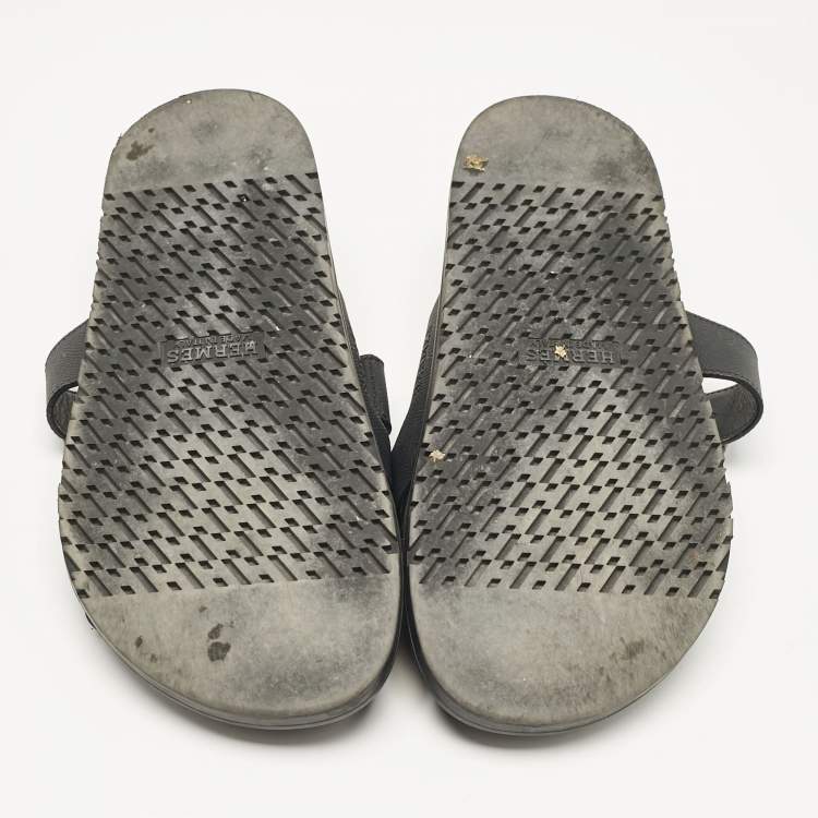 Pre Owned Hermes Black Leather Chypre Flat Sandals Size 41
