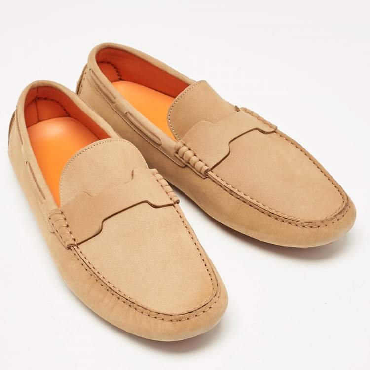 Pre Owned Hermes Brown Nubuck Leather Oscar Loafers Size 43.5