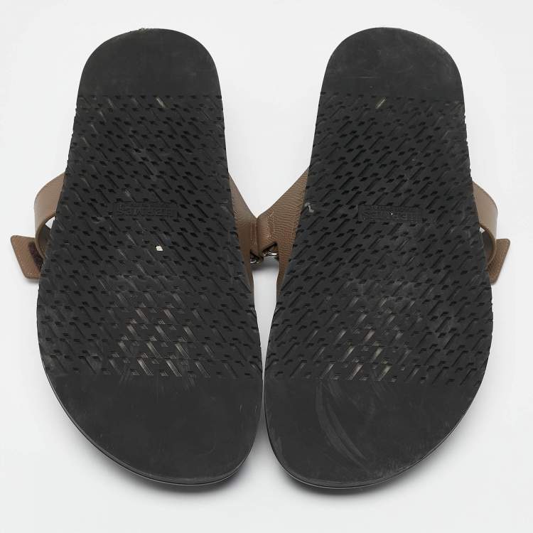 Pre Owned Hermes Olive Green Leather Chypre Flat Sandals Size 46