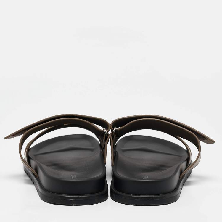 Pre Owned Hermes Olive Green Leather Chypre Flat Sandals Size 46