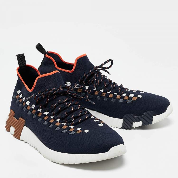 Pre Owned Hermes Navy Blue Knit Fabric Flex Lace Up Sneakers Size 45