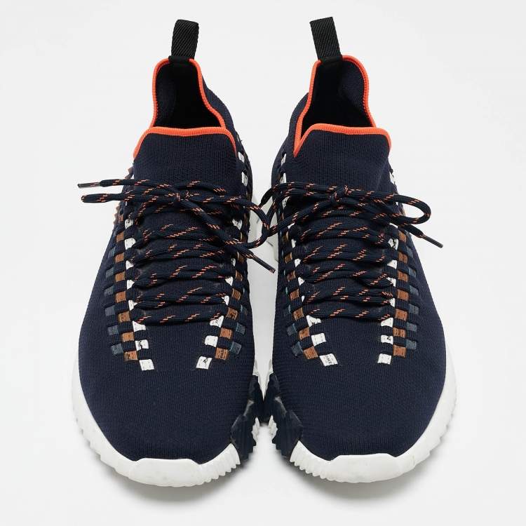 Pre Owned Hermes Navy Blue Knit Fabric Flex Lace Up Sneakers Size 45