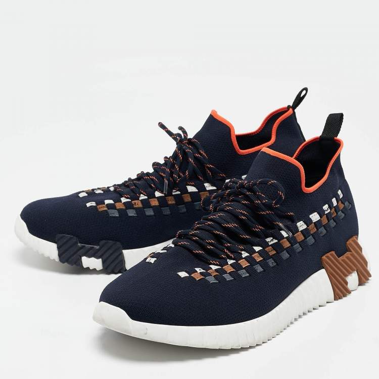 Pre Owned Hermes Navy Blue Knit Fabric Flex Lace Up Sneakers Size 45