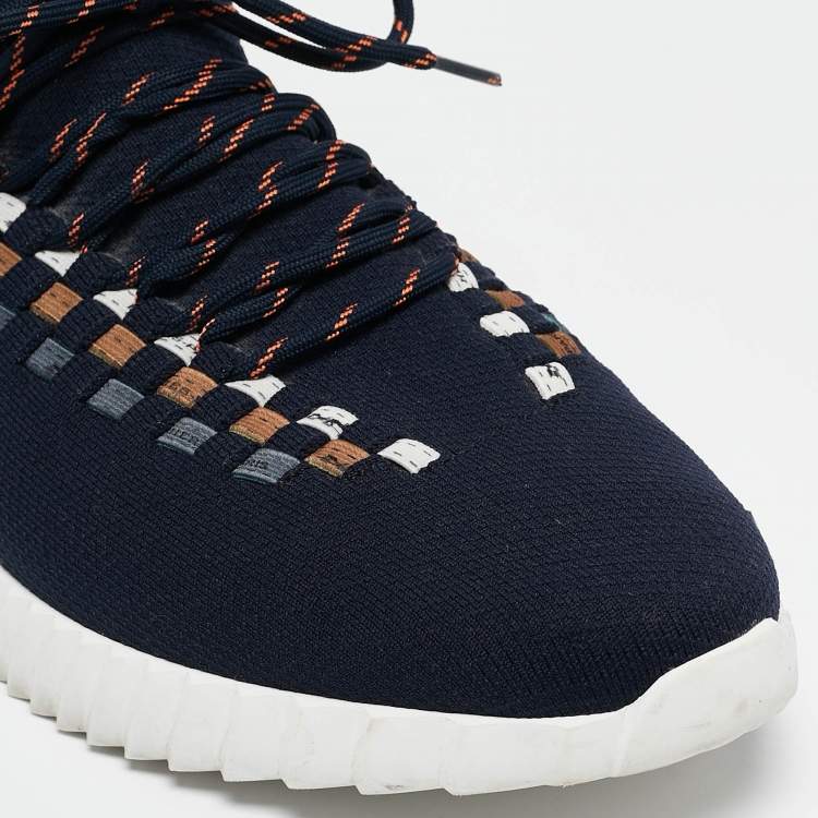 Pre Owned Hermes Navy Blue Knit Fabric Flex Lace Up Sneakers Size 45
