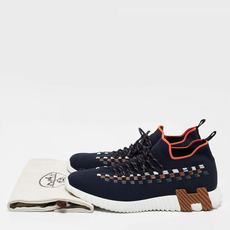 Pre Owned Hermes Navy Blue Knit Fabric Flex Lace Up Sneakers Size 45