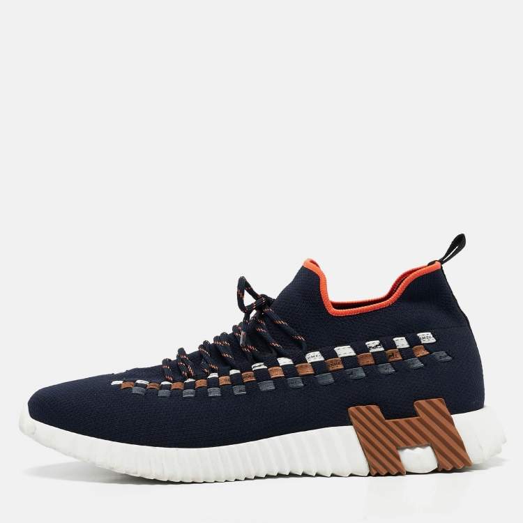 Pre Owned Hermes Navy Blue Knit Fabric Flex Lace Up Sneakers Size 45