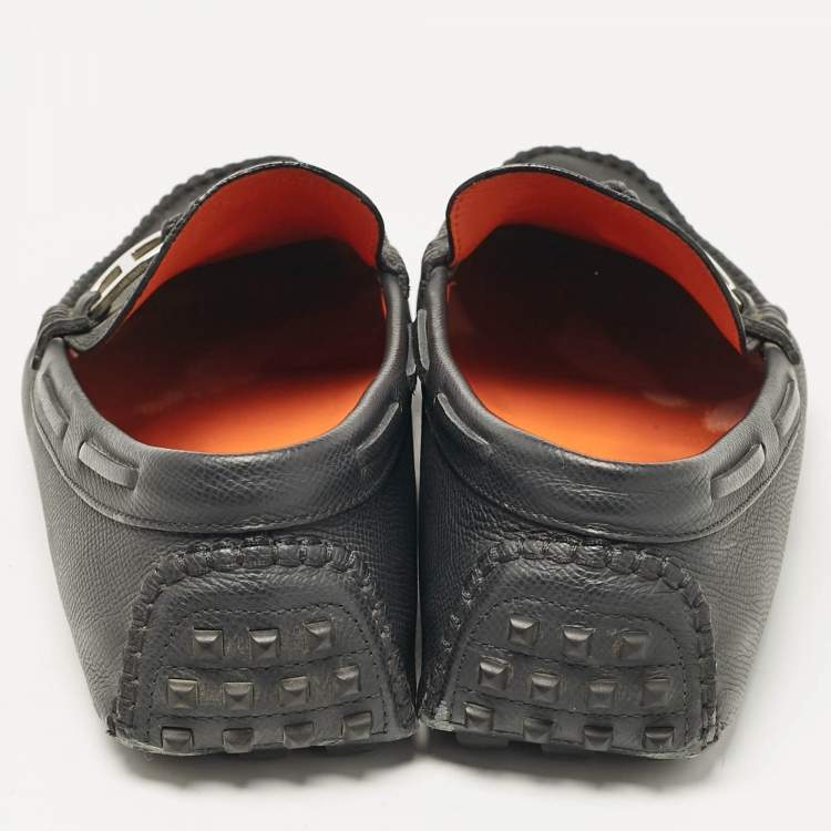 Pre Owned Hermes Black Leather Alessandro Loafers Size 41.5