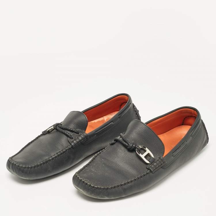 Pre Owned Hermes Black Leather Alessandro Loafers Size 41.5