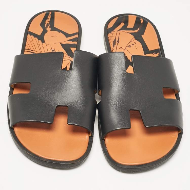 Pre Owned Hermes Black Leather Izmir Slides Size 43