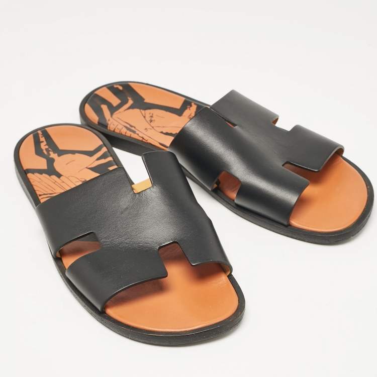 Pre Owned Hermes Black Leather Izmir Slides Size 43
