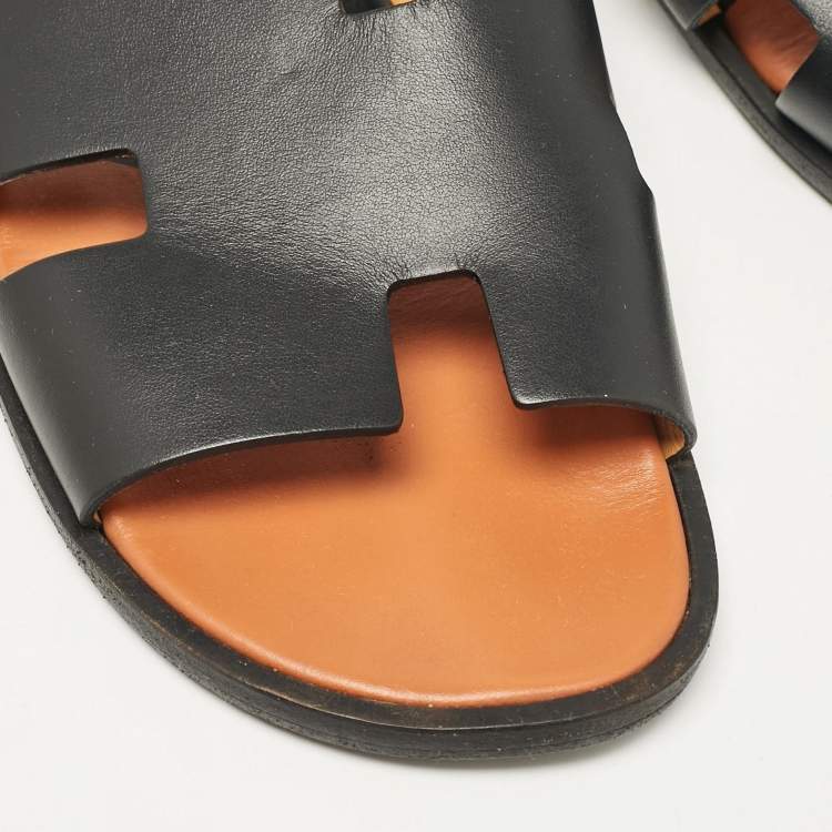 Pre Owned Hermes Black Leather Izmir Slides Size 43