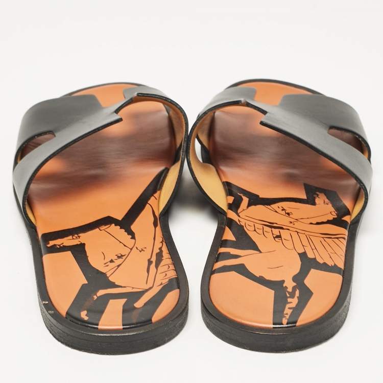 Pre Owned Hermes Black Leather Izmir Slides Size 43