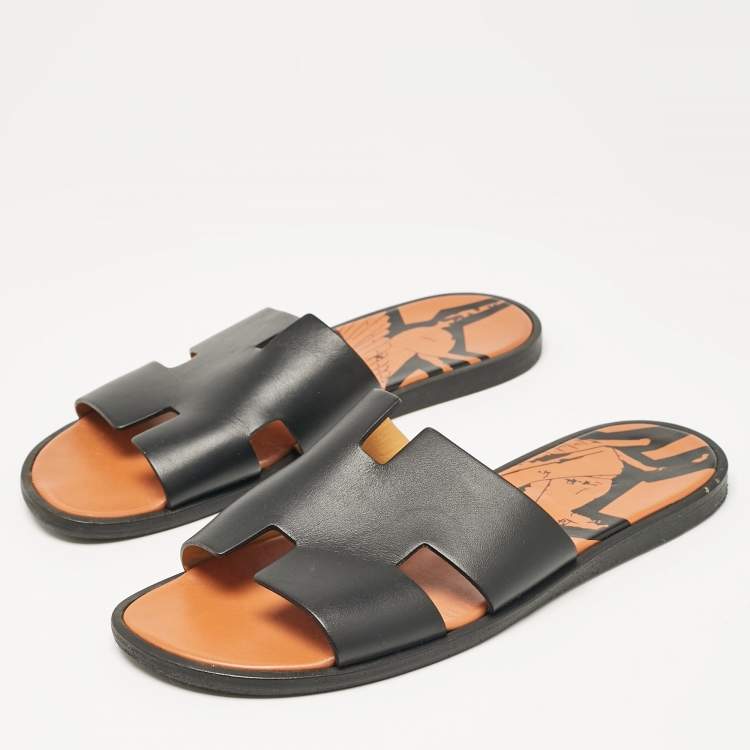 Pre Owned Hermes Black Leather Izmir Slides Size 43