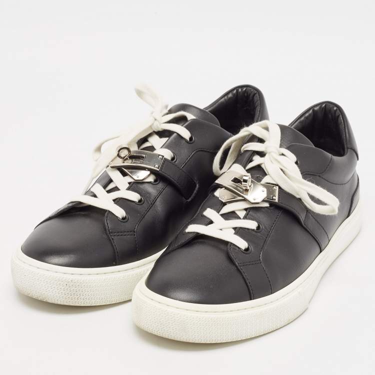 Pre Owned Hermes Black Leather Day Lace Up Sneakers Size 43.5