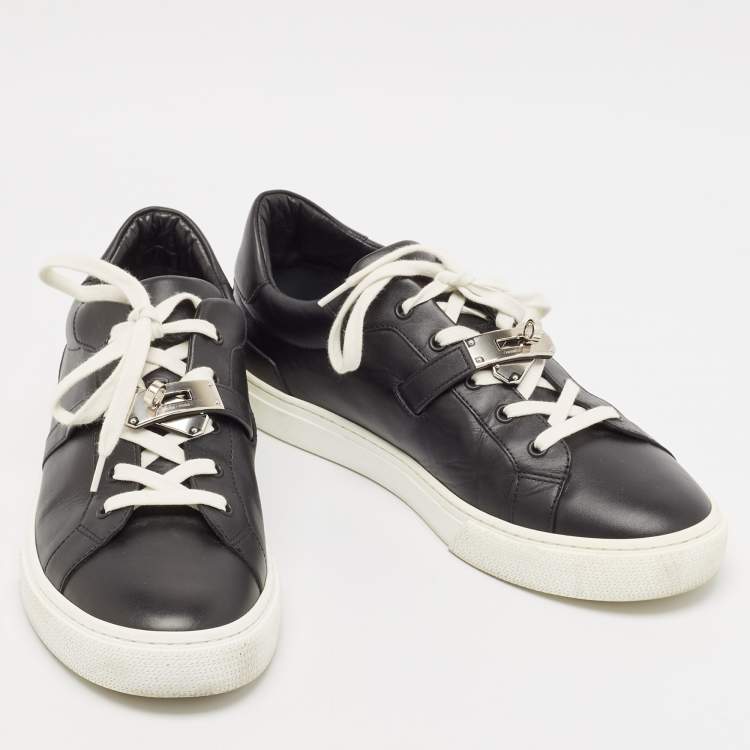 Pre Owned Hermes Black Leather Day Lace Up Sneakers Size 43.5