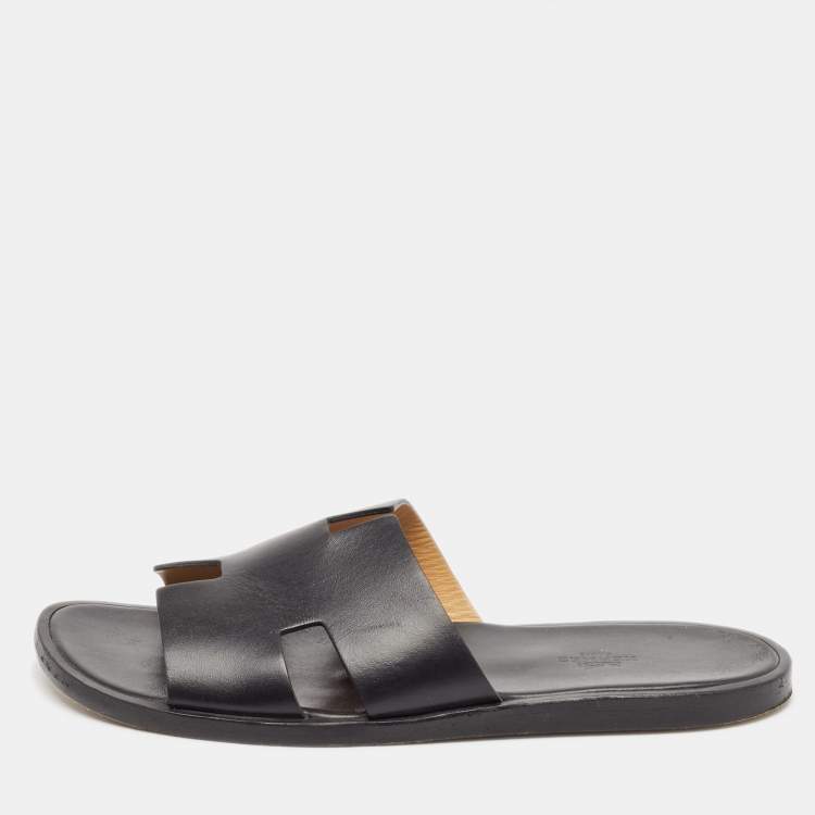 Pre Owned Hermes Black Leather Izmir Flat Slides Size 42