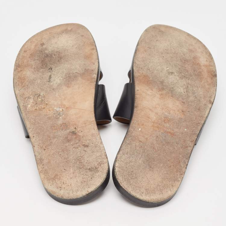 Pre Owned Hermes Black Leather Izmir Flat Slides Size 42