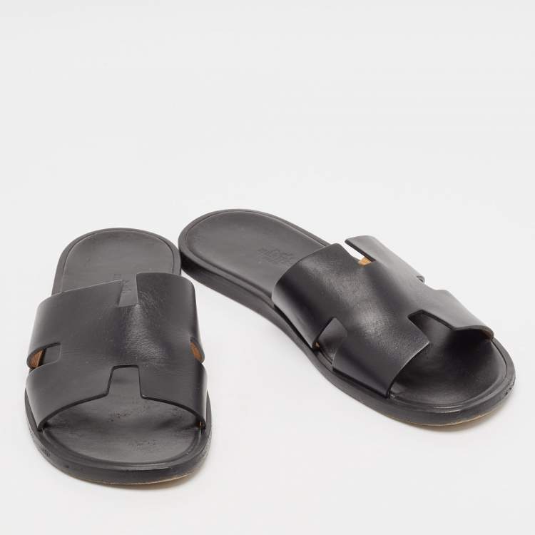 Pre Owned Hermes Black Leather Izmir Flat Slides Size 42