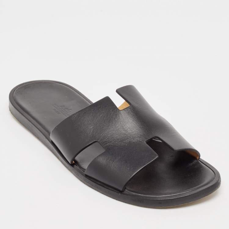 Pre Owned Hermes Black Leather Izmir Flat Slides Size 42